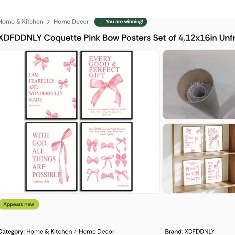 XDFDDNLY Coquette Pink Bow Bible Verse Posters Set of 4 12x16 Canvas Wall Art